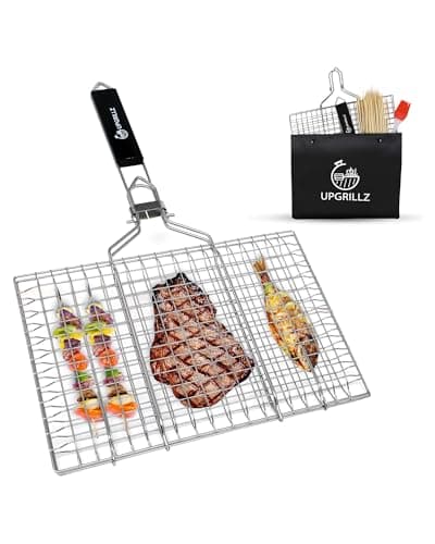 UPGRILLZ Fish Grill Baskets for Outdoor Grill Vegetables, Fish Grilling rack for Grill, BBQ Grilling Basket, Stainless steel Grill Basket for Veggies, shrimp Includes 50 skewers, Silicon Brush, and Carry Bag image