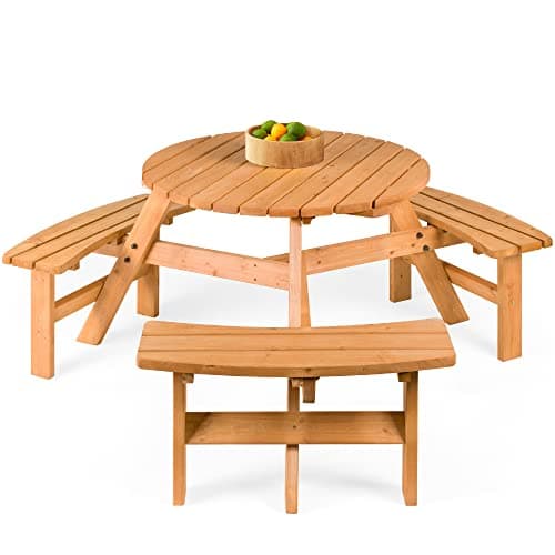 Best Choice Products 6-Person Circular Outdoor Wooden Picnic Table for Patio, Backyard, Garden, DIY w/ 3 Built-in Benches, 500lb Capacity - Natural image
