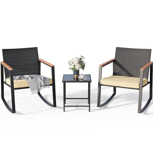 Gizoon 3 Pieces Rocking Patio Bistro Set with Anti-Scald Armrest, Outdoor Patio Wicker Furniture Set with Glass Table and Cushion for Garden, Yard, Porch image