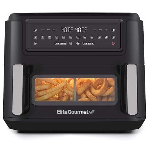 Elite Gourmet EAF1055D Dual Zone Air Fryer Oven, 11QT. Capacity with Divider 2 Independent Cook Zones, Dishwasher Safe Basket, 10 Preset Functions, 1600-Watts, with Recipe Booklet, Black image