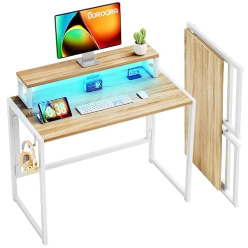 SOROGRA Small Folding Desk 31.5 Inch, Foldable Computer Desks with LED Lights and Monitor Stand, Work Portable Table for Bedroom Home Office, Oak image