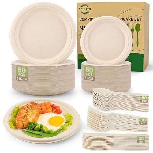 FEHHTO Compostable Paper Plates Set, 250PCS Disposable Heavy-Duty Sugarcane Plate and Eco-Friendly Utensil Biodegradable Dinnerware Plates, Extra Long Forks & Knives & Spoons for Party image
