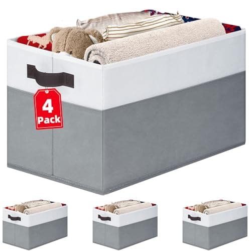 Criusia 4 Pack Large Storage Baskets for Shelves | Fabric Closet Organizers and Storage Bins with Handles Home Organization | Decorative Collapsible Baskets for Organizing Clothes Toy Nursery 14"x10" image