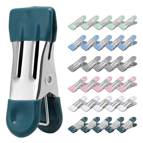 Clothes Pins Heavy Duty 30 Pack, 2.17 Inch Metal Chip Clips, Clothespins for Photo Drying Clothesline Laundry Sock, Bag Clips for Food Kitchen Stainless Steel with Rubber, 6 Colors image