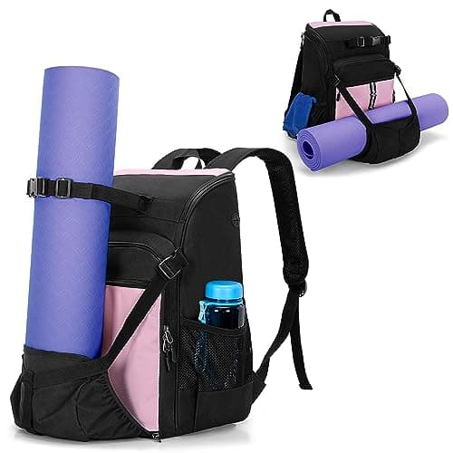 GOBUROS Yoga Mat Bag with Mat Holder for Women and Men Yoga Mat Carrier Backpack with Charging Port and Padded Shoulder Straps for Yoga, Gym, Pilates, Black and Pink image