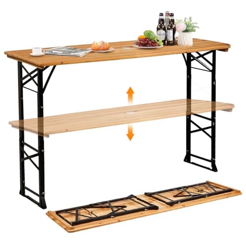 VINGLI 67 Inch Wooden Folding Picnic Table, Picnic Beer Table with Umbrella Hole, Adjustable Heights (29.5" Sitting & 41.5" Standing) – Perfect for Picnics, BBQs, Parties, Bars, and Camping image