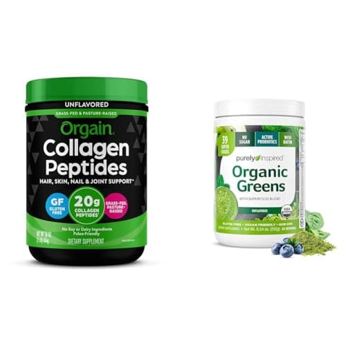 Orgain Collagen Peptides Powder 1lb & Purely Inspired Organic Green Powder Smoothie Mix Unflavored 24 Servings - Joint, Hair, Skin & Nail Support with Superfoods image