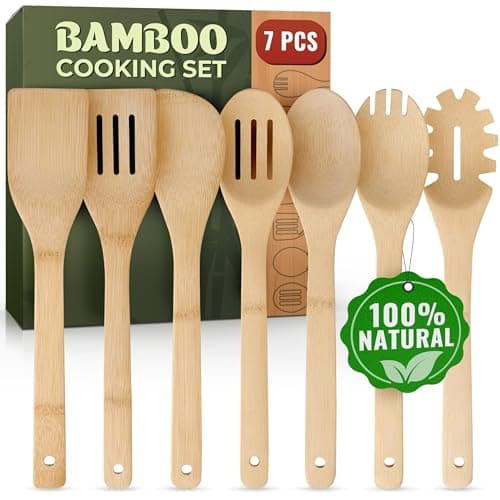 Wooden Utensil Set, Bamboo Utensils – 7 PCs Wood Spoons for Cooking, Easy to Clean, Sturdy, Lightweight & Heat Resistant image
