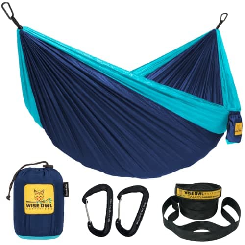 Wise Owl Outfitters Camping Hammock - Camping Essentials, Portable Hammock w/Tree Straps Up to 400lbs, Hammock for Outside, Hiking, and Travel - Single, Navy and Light Blue image