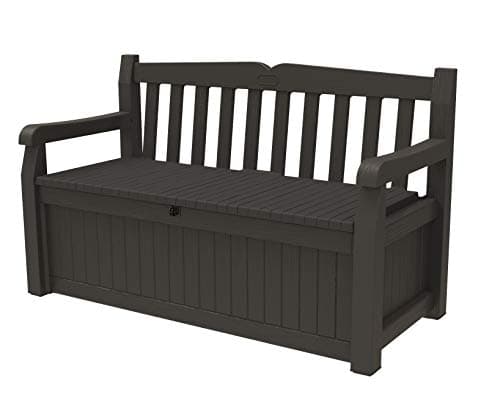 Keter Solana 70 Gallon Storage Bench Deck Box for Patio Furniture, Front Porch Decor and Outdoor Seating – Perfect to Store Garden Tools, Brown/Brown image