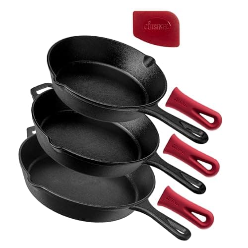 Cuisinel Cast Iron Skillet Set - 8" + 10" + 12"-Inch Pre-Seasoned Frying Pans + Silicone Handle Grip Covers - Use Indoor/Outdoor, Oven, Grill, Stove, BBQ, Fire, Induction - Kitchen/Camping Cookware image
