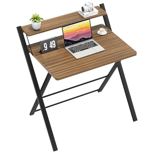 GreenForest Folding Desk No Assembly Required Small Size, 2-Tier Foldable Computer Desk with Shelf for Home Office, Space Saving Portable Laptop Study Foldable Table for Small Spaces, Espresso image