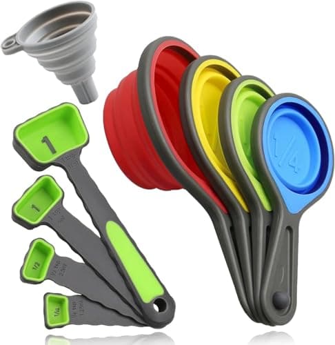 leepiya Measuring Cups and Spoons set, Collapsible Measuring Cups, 8 piece Measuring Tool Engraved Metric/US Markings for Liquid & Dry Measuring, Space Saving, BPA Free Silicone, Colorful image
