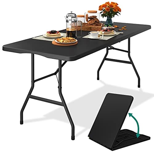 YITAHOME Folding Tables Heavy Duty Folding Table 6ft with Carrying Handle Plastic Fold up Table for Outdoor Camping Picnic Parties/Indoor Events All in Black image