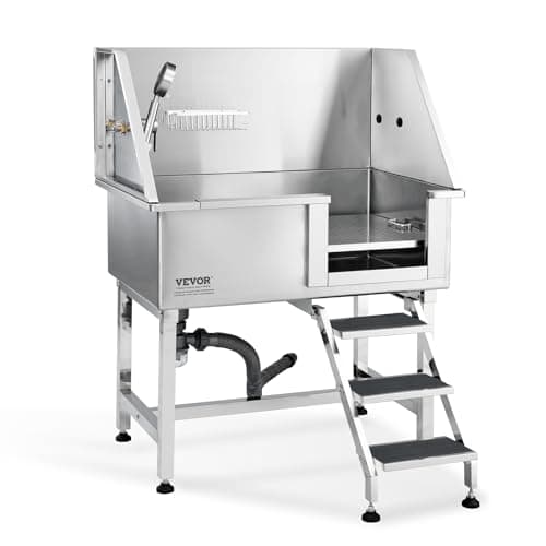VEVOR 38" Pet Dog Bathing Station w/Ramp, Professional Stainless Steel Dog Grooming Tub w/Storage Drawer, Floor Grate, Faucet, Dog Bathtub for Large,Medium,Small Pets, Washing Sink for Home(Right) image