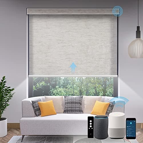 SmartWings Motorized Light Filtering Shades, Work with Matter Thread Z-wave Alexa Google, 70% Blackout Shades Translucent Cordless Window Shade with Remote Rechargeable Up 110"W x 148"H, Linen White image