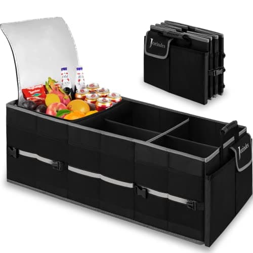 Trunk Organizer With Built-In Insulated Leak Proof Cooler Bag,Collapsible Cargo Organizer For Suv With Non Slip Bottom Strips,3 Large Compartments Foldable Waterproof Portable Car Storage Box image