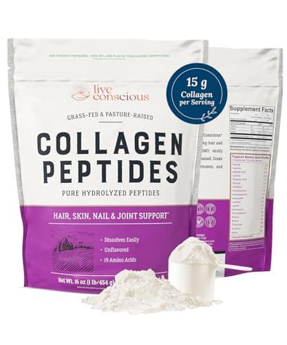 Live Conscious Collagen Peptides Powder - Naturally-Sourced Hydrolyzed Collagen Powder - Hair, Skin, Nail, and Joint Support - Type I & III Grass-Fed Collagen Supplements for Women and Men - 16oz image