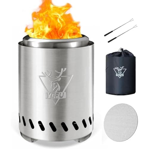 YEFU Tabletop Fire Pit 9.7 x 7.1 in, Low Smoke Camping Stove for Outdoor & Patio, Fueled by Pellets or Wood, Safe Burning Table Top Firepit, with Travel Bag & 2 Mini Sticks & Fireproof Mat, Silver image