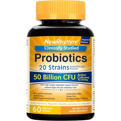 NewRhythm Probiotics 50 Billion CFU 20 Strains, 60 Veggie Capsules, Targeted Release Technology, Stomach Acid Resistant, No Need for Refrigeration, Non-GMO, Gluten Free image