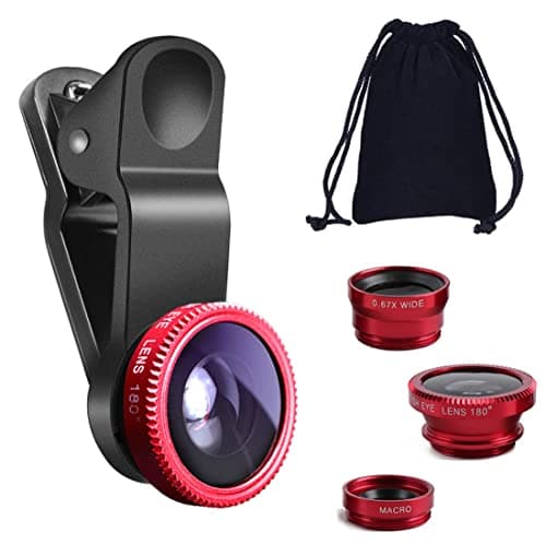 KINGMAS 3 in 1 Universal Fish Eye Lens, Macro Clip Lens Wide-Angle Camera Lens Kit for iPad iPhone Samsung Android and Most Smartphones (Red) image