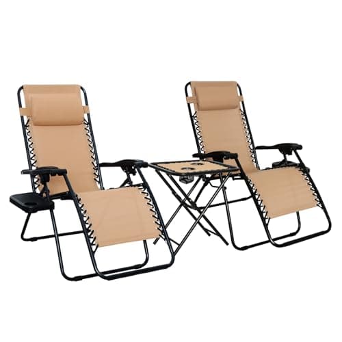 Amazon Basics Outdoor Patio Mesh Adjustable Zero Gravity Lounge Chair Recliners set of 2 with Side Table, 35 x 26 x 43 inches, Beige image