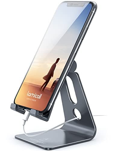 Lamicall Adjustable Cell Phone Stand, Desk Phone Holder, Cradle, Dock, Compatible with Phone 12 Mini 11 Pro Xs Max XR X 8 7 6 Plus SE Charging, Office Accessories, All Android Smartphone - Gray image