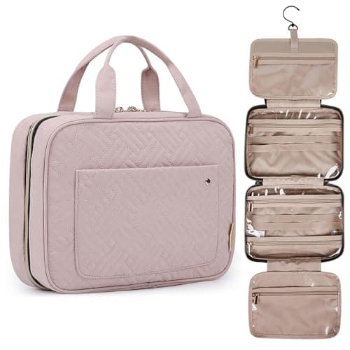 BAGSMART Toiletry Bag Travel Bag with Hanging Hook, Water-resistant Makeup Cosmetic Bag Travel Organizer for Accessories, Shampoo, Full-size Container, Toiletries (Baby Pink, Medium) image