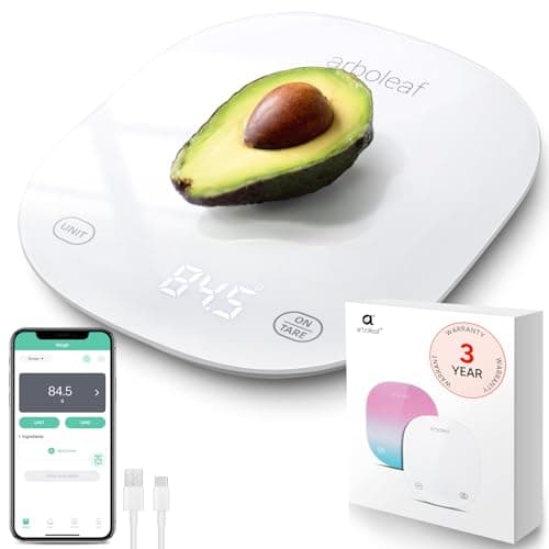Arboleaf Smart Food Kitchen Scale, 22lb Digital Food Scale with Nutritional Calculator, USB Rechargeable, Smart Weighing with App for Macro, Keto, Calorie, Cooking, Grams and Ounces, 0.1oz/0.5g, White image