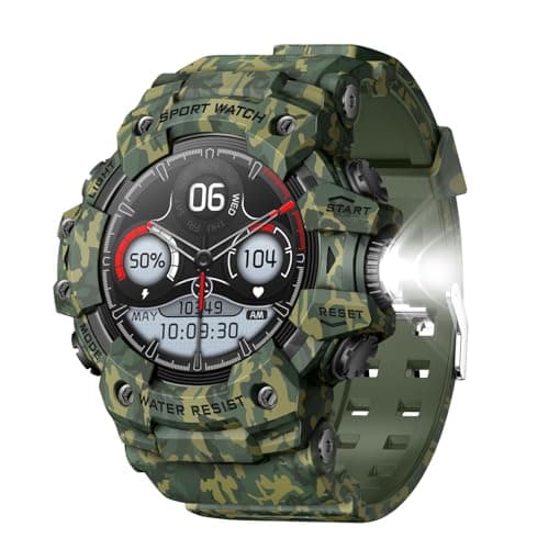 Desong Military Smart Watch for Men with LED Flashlight,1.32”HD Screen Camo Green Rugged Smart Watch,Call Receive/Dial,Compass,Waterproof Sports Fitness Tracker Tactical Smartwatch for iPhone Android image