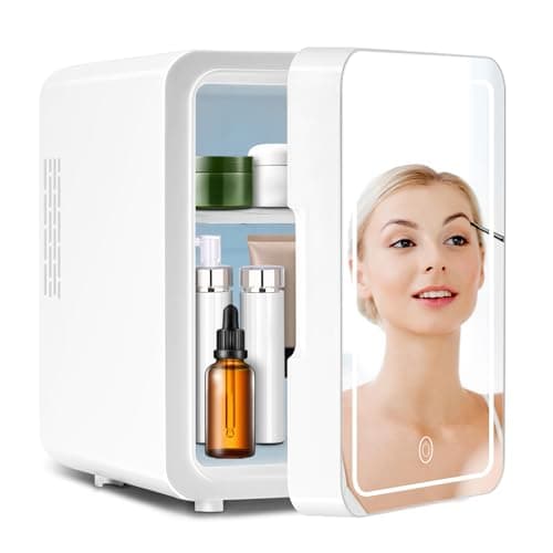Skincare Fridge With Dimmable LED Mirror, 4L Makeup Mini Fridge for Bedroom, Cosmetics, SkinCare, Cooler & Warmer, Portable Small Refrigerator for Car, Office and Food- White image