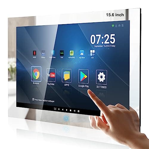 Haocrown 15.6 Inch Small Waterproof Touch Screen Smart Mirror TV for Bathroom Shower Kitchen, Full HD 1080P Built-in 2.4/5G Wi-Fi Bluetooth ATSC Tuner USB HDMI Speakers Wall Mounted (8+64GB, HG156BM) image