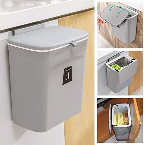 Tiyafuro 2.4 Gallon Kitchen Compost Bin for Counter Top or Under Sink, Hanging Small Trash Can with Lid for Cupboard/Bathroom/Bedroom/Office/Camping, Mountable Indoor Compost Bucket, Gray image
