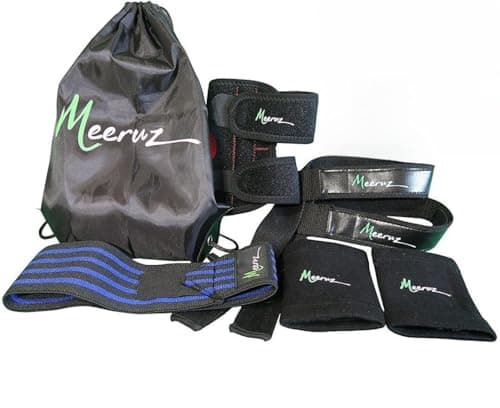 Meeruz Workout Starter Kit Bundle - Wrist Brace, Elbow Pad, Wrist Straps, Wristbands, and a Drawstring bag for the Gym, Crossfit, Power Lifting. Gear Made to Last! image