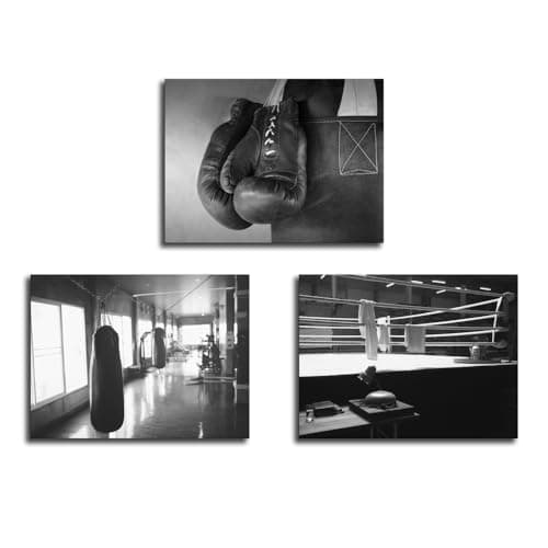 Boxing Wall Art Black and White Pictures Gym Bar Decor Canvas Sports Boxers Or Man Cave Fitness Men Boys Room Office Artwork Gift (Boxing, 12x16inch x3) image