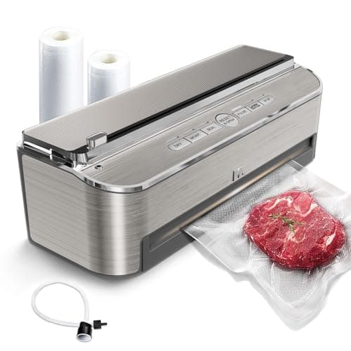 Mesliese Vacuum Sealer Machine, 85kPa 120W Automatic Food Sealer, Powerful Sealing System, Build-in Cutter | Bags Storage | Moist Mode and Air Suction Hose | 2 Bag Rolls and 5pcs Pre-cut Bags image