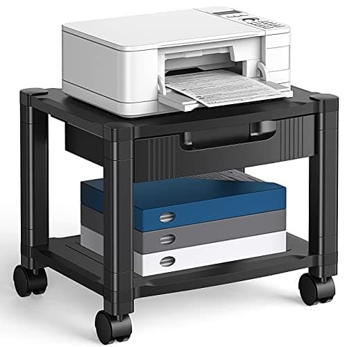 HUANUO Printer Stand with Cable Management and Storage Drawer, Printer Table with Locking Wheels, 14.1-inch Maximum Height Printer Cart for Under Desk, Home, Office, HNDPS image