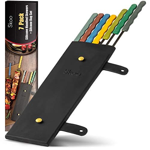 Skoo Barbecue Skewers Set - 7 Silicone Handled Stainless Steel BBQ Skewers + Silicone Storage Bag - 14" Flat Metal Shish Kebab Skewers for Grilling - Reusable Grill Kabob Skewer Sticks + Rollable Bag image