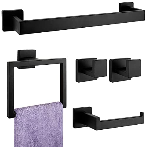 5-Pieces Matte Black Bathroom Hardware Accessories Set, SUS304 Stainless Steel Bath Towel Bar Set, Towel Racks for Bathroom Wall Mounted. image