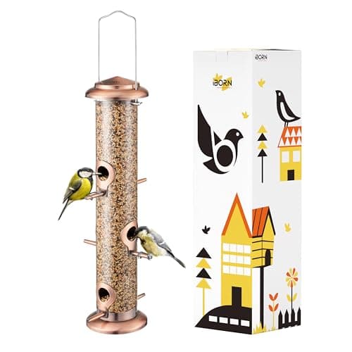 iBorn Metal Bird Feeders Brushed Copper Wild Bird Feeder for Outdoors Hanging All Metal Brushed Copper Finishing 14 Inch 6 Port(Seed is not Included) image