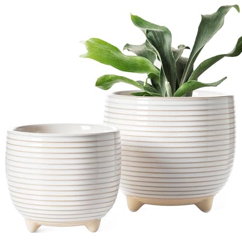 LE TAUCI Ceramic Plant Pots, 5.1 + 6.4 Inch Footed Pots for Plants, Modern Flower Pots for Home and Office, Indoor Planters with Drainage, Reactive Glaze White image