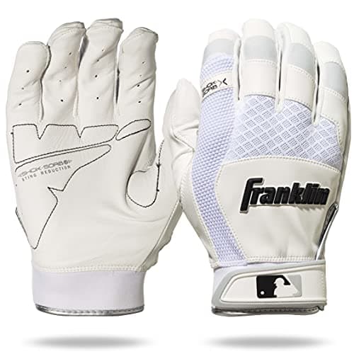 Franklin Sports MLB Baseball Batting Gloves - Shok-Sorb X Batting Gloves for Baseball + Softball - Adult + Youth Padded Non-Sting Pairs - White - Adult Large image