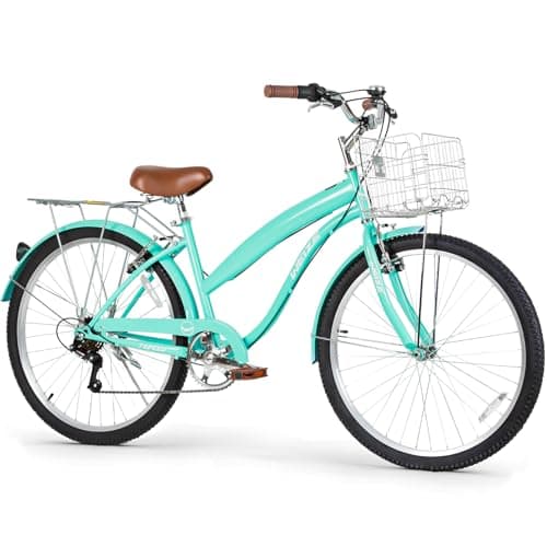 WEIZE Beach Cruiser Bike, 26 inch Commuter Bicycle for Adult Men and Women, 7-Speed/High-Carbon Steel/Front & Rear Fenders, Comfortable City Bikes with Rear Rack&Basket, Green image