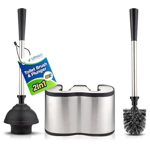 UMIEN Toilet Brush and Plunger Set 18-in - Updated 2025 No-Rust - Stainless Steel Design - Long Handles - with Freestanding Canister image