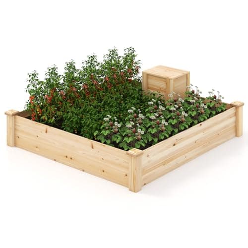 CHEFJOY Wood Raised Garden Bed - 49" x 49" x 10" Elevated Garden Bed with Compost Bin for Outdoor Gardening and Planting, Bottomless Planter Box for Deep-Rooted Vegetables, Herbs, Flowers and Fruits image
