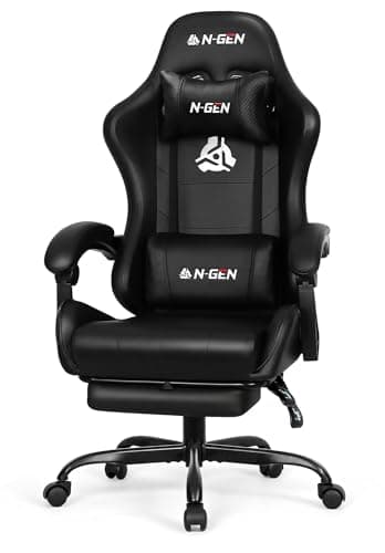 N-GEN GAMING Video Gaming Chair with Footrest High Back Ergonomic Comfortable Office Computer Desk with Lumbar Support Height Adjustable with PU Leather Recliner for Adults Women Men (Black) image