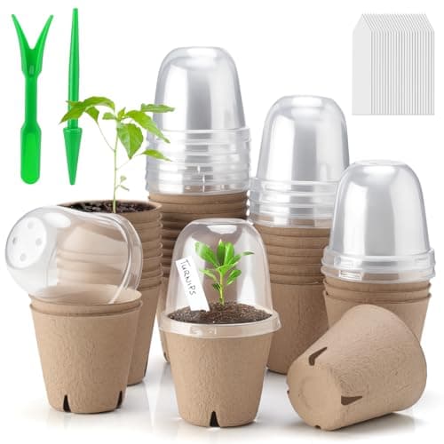 Baxrou 36 Set 3.15 Inch Peat Pots Plant Starters for Seedling with Humidity Dome, Herb Seed Starter Pots Kits, Garden Germination Nursery Pot wit 36 Plant Labels, 2 Transplant Tools. image