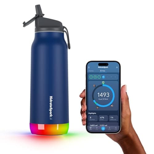 Hidrate Spark PRO Smart Water Bottle – Insulated Stainless Steel – Tracks Water Intake with Bluetooth, LED Glow Reminder When You Need to Drink – Straw Lid, 32 oz, Deep Blue image