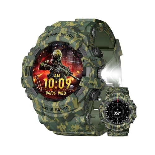 MIDDOW Military Smart Watch with Flashlight (Answer/Make Call) Compass, Heart Rate/Sleep/Sports Tracker, IP68 Waterproof, Long Battery Life, HD Screen, Android & iOS (Camouflage Green) image