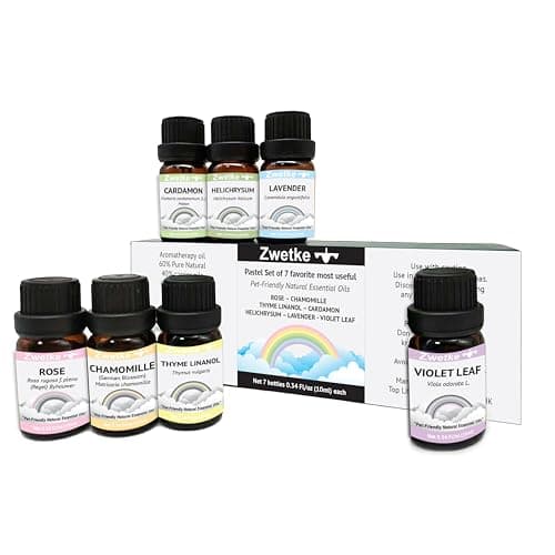 Pet-Friendly Pastel Set 7 Essential Aromatherapy Oils - Rose Chamomille Thyme Linanol Cardamon Helichrysum Lavender Violet Leaf Safe Around Dogs & Cats for Diffusers, Massage, DIY Soap, Candle Making image